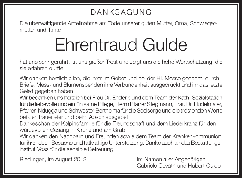  Traueranzeige für Ehrentraud Gulde vom 10.08.2013 aus Schwäbische Zeitung