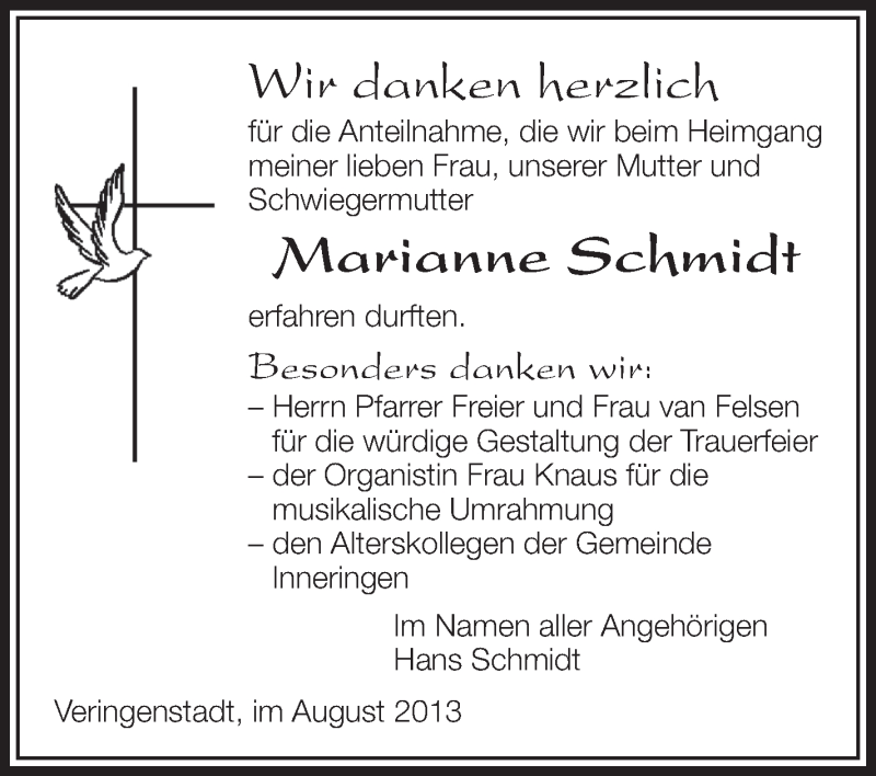  Traueranzeige für Marianne Schmidt vom 13.08.2013 aus Schwäbische Zeitung