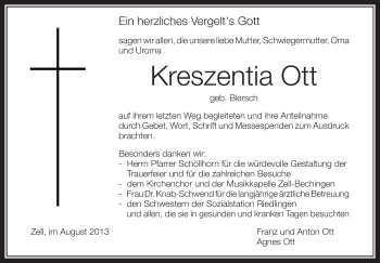 Anzeige von Kreszentia Ott von Schwäbische Zeitung