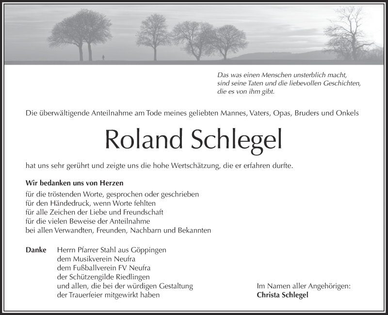  Traueranzeige für Roland Schlegel vom 15.08.2013 aus Schwäbische Zeitung