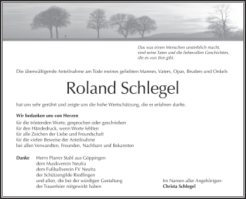 Anzeige von Roland Schlegel von Schwäbische Zeitung