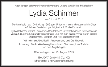 Anzeige von Lydia Schirmer von Schwäbische Zeitung