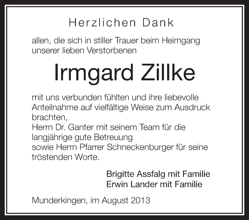  Traueranzeige für Irmgard Zillke vom 13.08.2013 aus Schwäbische Zeitung