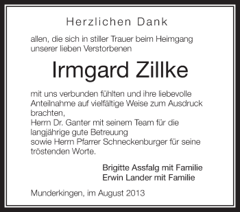 Anzeige von Irmgard Zillke von Schwäbische Zeitung