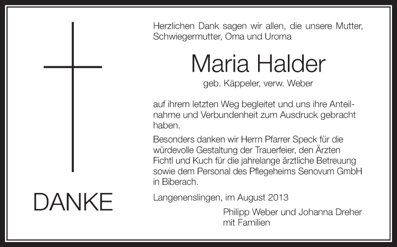  Traueranzeige für Maria Halder vom 14.08.2013 aus Schwäbische Zeitung