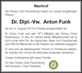 Anzeige von Anton Funk von Schwäbische Zeitung
