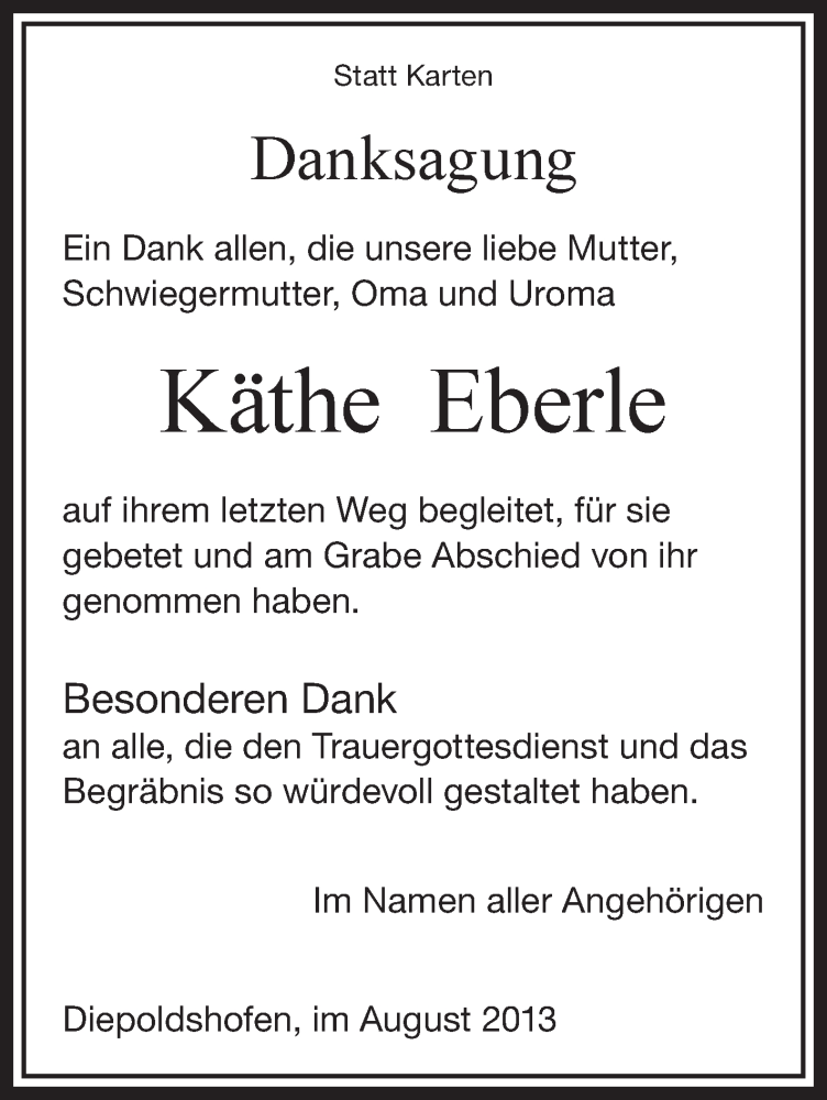  Traueranzeige für Käthe Eberle vom 15.08.2013 aus Schwäbische Zeitung