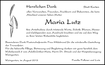 Anzeige von Maria Lutz von Schwäbische Zeitung