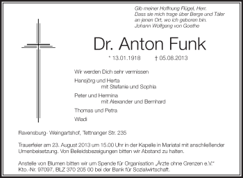 Anzeige von Anton Funk von Schwäbische Zeitung