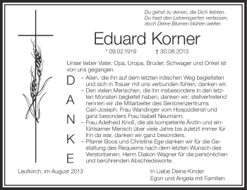 Anzeige von Eduard Korner von Schwäbische Zeitung