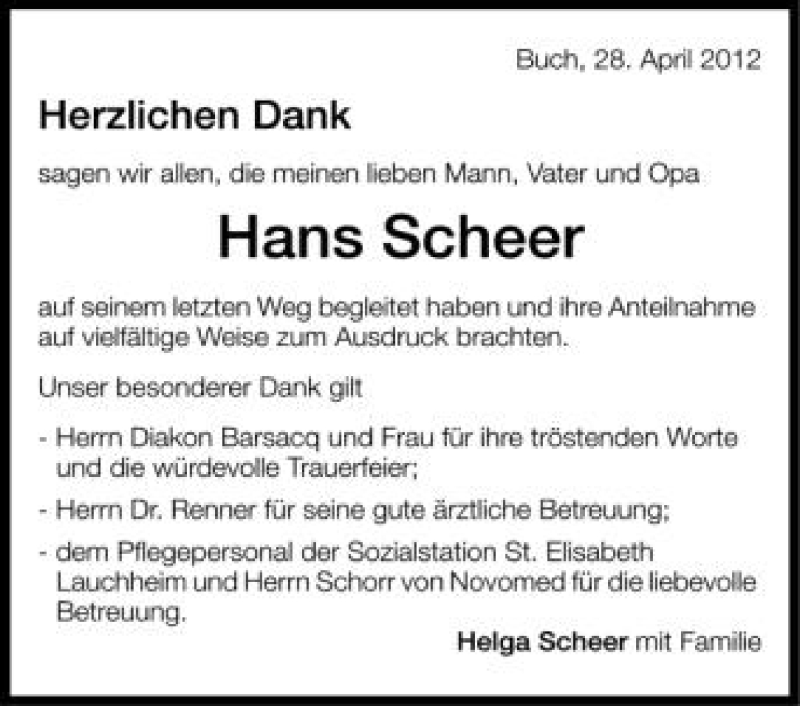  Traueranzeige für Hans Scheer vom 28.04.2012 aus Schwäbische Zeitung