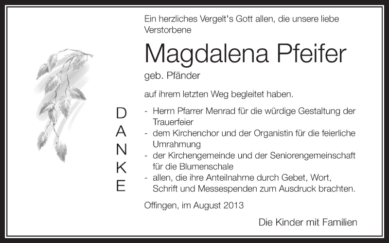  Traueranzeige für Magdalena Pfeifer vom 15.08.2013 aus Schwäbische Zeitung