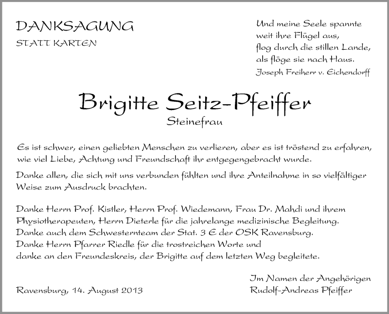  Traueranzeige für Brigitte Seitz-Pfeiffer vom 14.08.2013 aus Schwäbische Zeitung