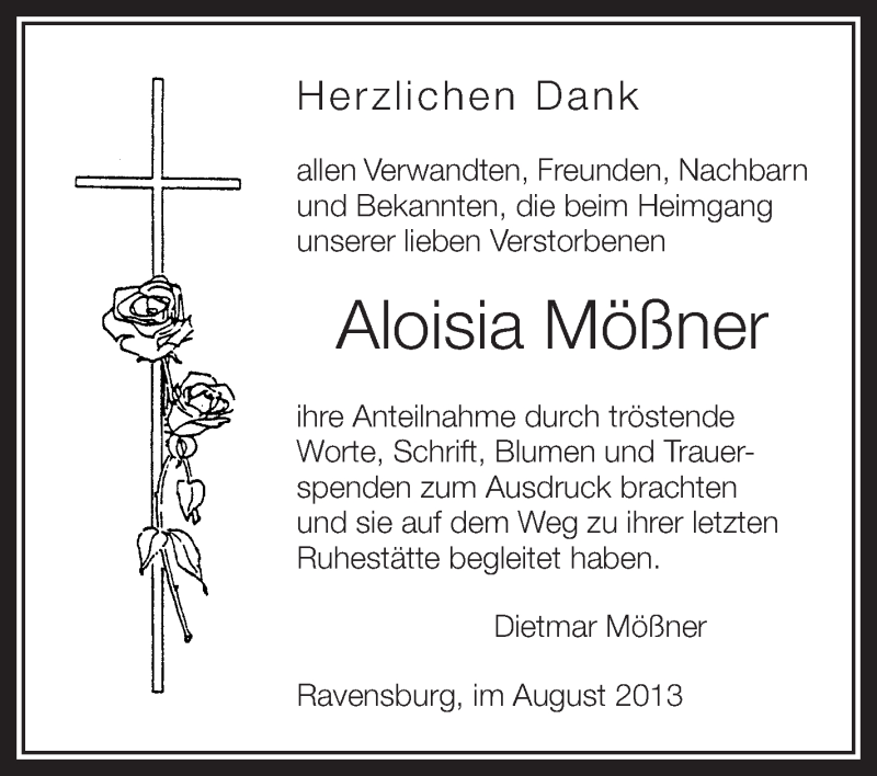  Traueranzeige für Aloisia Mößner vom 16.08.2013 aus Schwäbische Zeitung