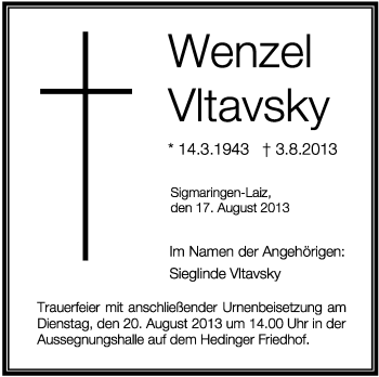 Anzeige von Wenzel Vltavsky von Schwäbische Zeitung