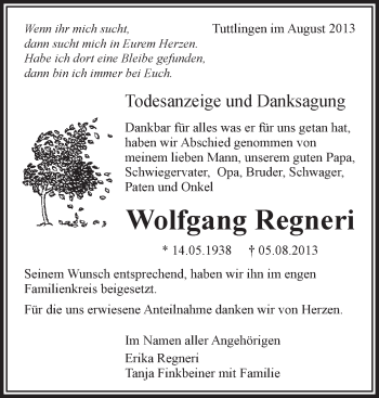 Anzeige von Wolfgang Regneri von Schwäbische Zeitung