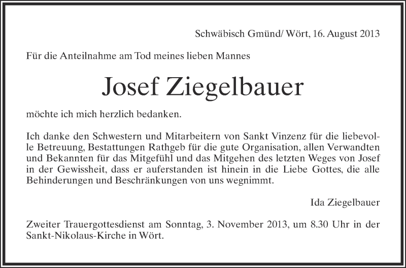 Traueranzeige für Josef Ziegelbauer vom 16.08.2013 aus Schwäbische Zeitung