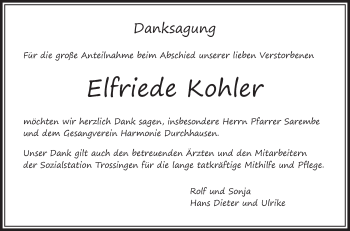 Anzeige von Elfriede Kohler von Schwäbische Zeitung