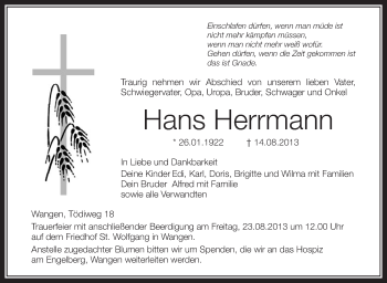 Anzeige von Hans Herrmann von Schwäbische Zeitung
