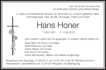 Anzeige von Hans Honer von Schwäbische Zeitung