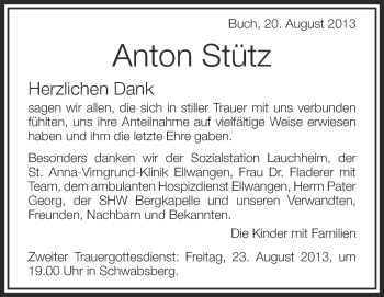 Anzeige von Anton Stütz von Schwäbische Zeitung