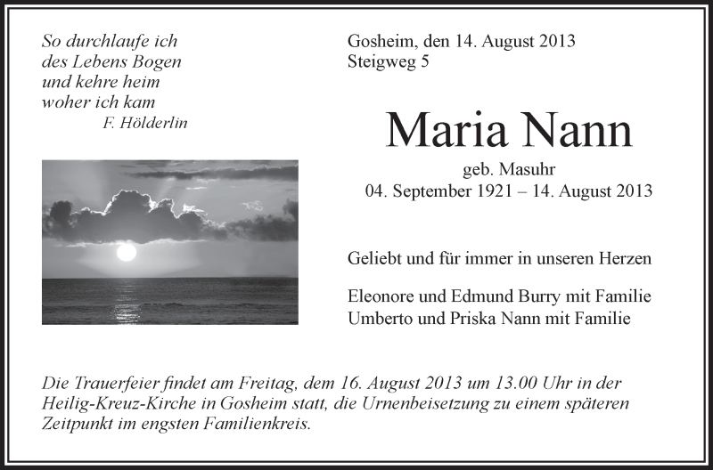  Traueranzeige für Maria Nann vom 15.08.2013 aus Schwäbische Zeitung