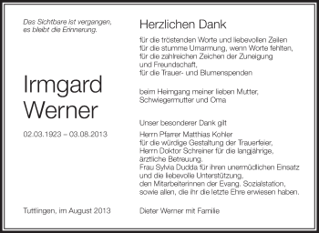 Anzeige von Irmgard Werner von Schwäbische Zeitung