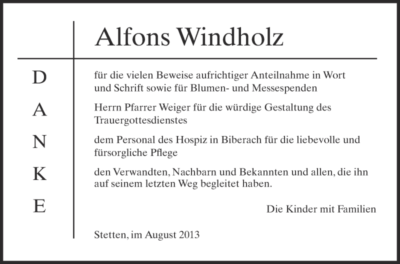  Traueranzeige für Alfons Windholz vom 20.08.2013 aus Schwäbische Zeitung