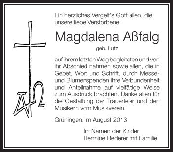 Anzeige von Magdalena Aßfalg von Schwäbische Zeitung