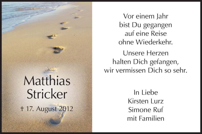  Traueranzeige für Matthias Stricker vom 17.08.2013 aus Schwäbische Zeitung