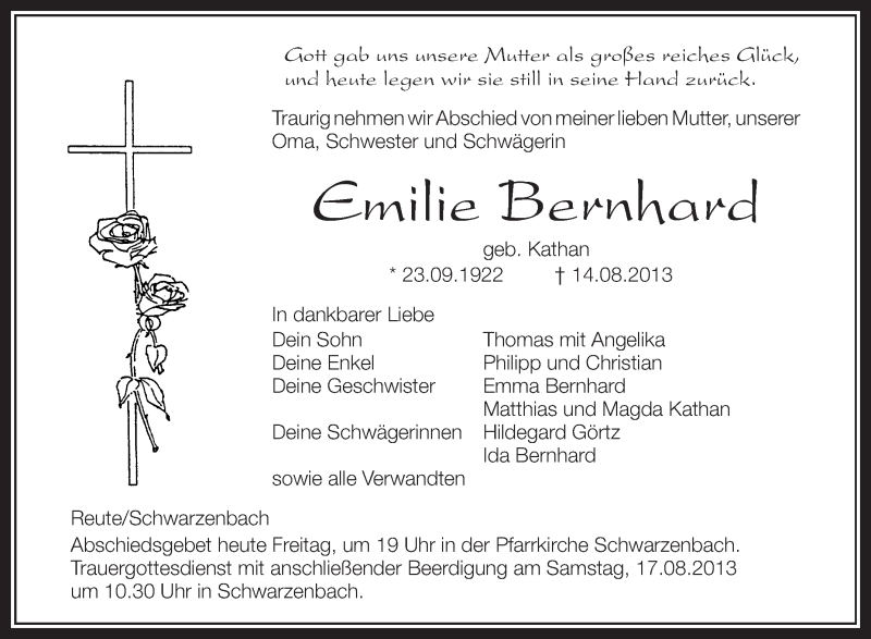  Traueranzeige für Emilie Bernhard vom 16.08.2013 aus Schwäbische Zeitung
