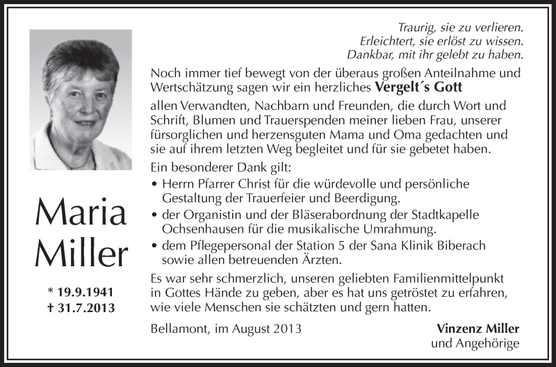  Traueranzeige für Maria Miller vom 17.08.2013 aus Schwäbische Zeitung
