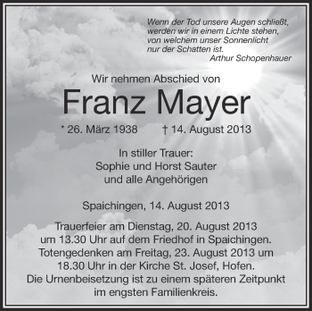Anzeige von Franz Mayer von Schwäbische Zeitung