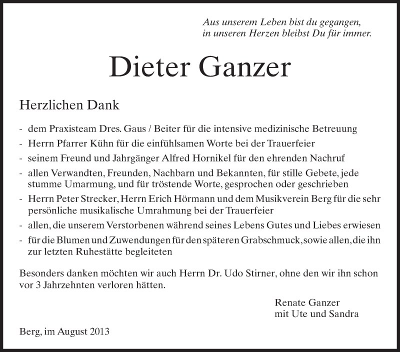 Traueranzeige für Dieter Ganzer vom 17.08.2013 aus Schwäbische Zeitung