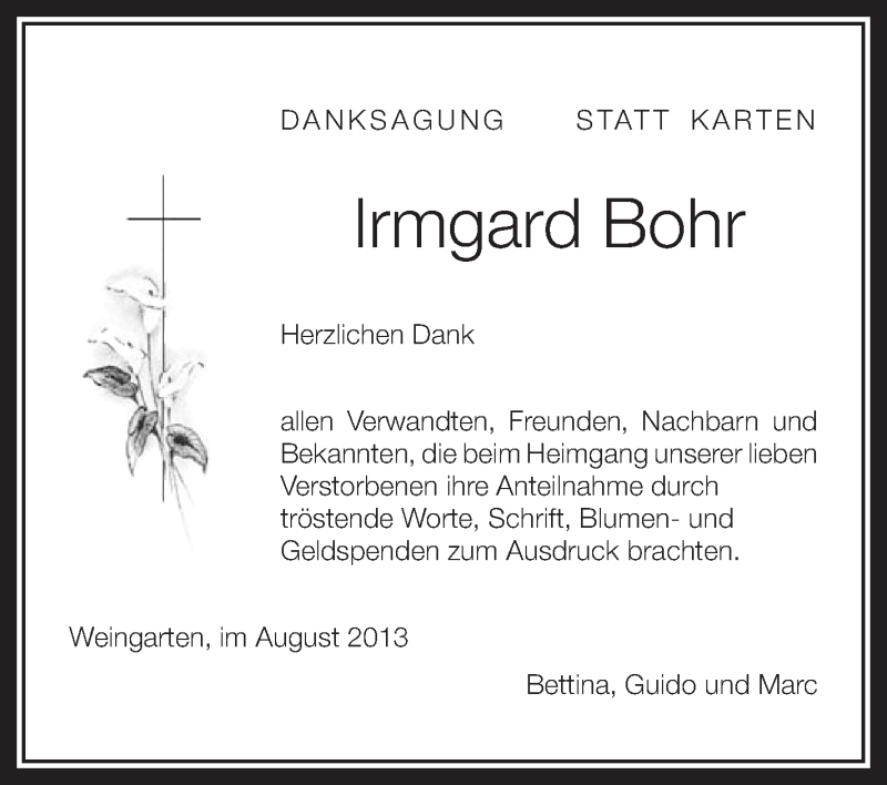  Traueranzeige für Irmgard Bohr vom 17.08.2013 aus Schwäbische Zeitung
