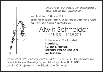 Anzeige von Alwin Schneider von Schwäbische Zeitung