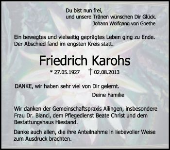 Anzeige von Friedrich Karohs von Schwäbische Zeitung
