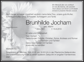 Anzeige von Brunhilde Jocham von Schwäbische Zeitung