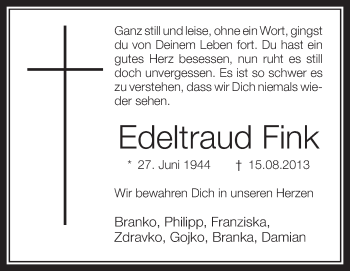 Anzeige von Edeltraud Fink von Schwäbische Zeitung