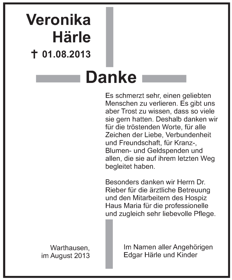  Traueranzeige für Veronika Härle vom 17.08.2013 aus Schwäbische Zeitung
