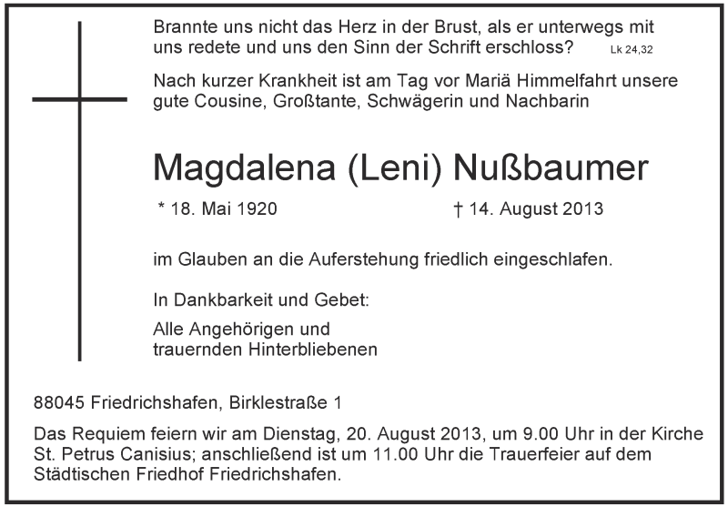  Traueranzeige für Magdalena Nußbaumer vom 17.08.2013 aus Schwäbische Zeitung