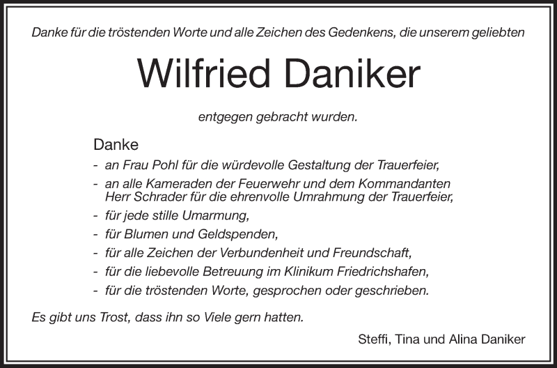  Traueranzeige für Wilfried Daniker vom 24.08.2013 aus Schwäbische Zeitung