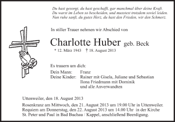 Anzeige von Charlotte Huber von Schwäbische Zeitung