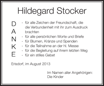 Anzeige von Hildegard Stocker von Schwäbische Zeitung