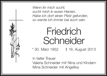 Anzeige von Friedrich Schneider von Schwäbische Zeitung