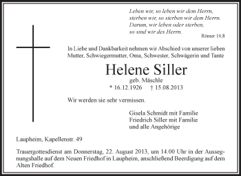 Anzeige von Helene Siller von Schwäbische Zeitung