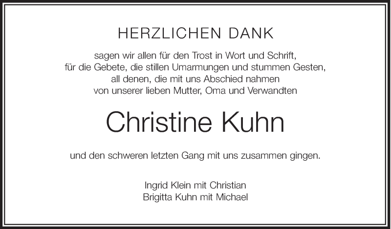  Traueranzeige für Christine Kuhn vom 21.08.2013 aus Schwäbische Zeitung