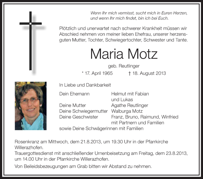  Traueranzeige für Maria Motz vom 20.08.2013 aus Schwäbische Zeitung