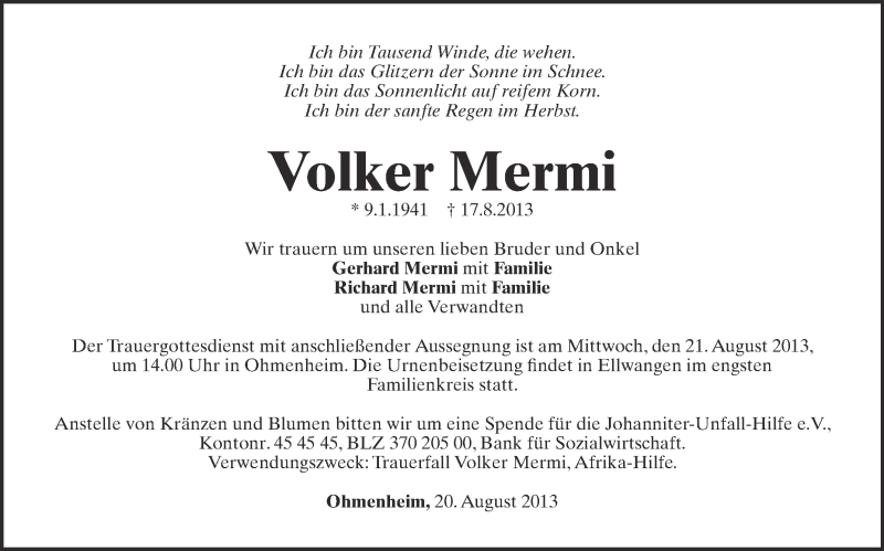  Traueranzeige für Volker Mermi vom 20.08.2013 aus Schwäbische Zeitung