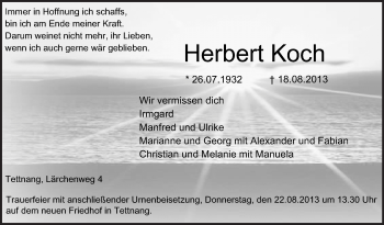 Anzeige von Herbert Koch von Schwäbische Zeitung